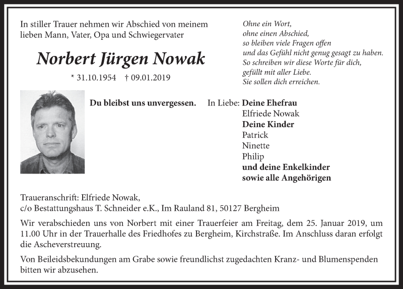 Traueranzeige für Norbert Jürgen Nowak vom 19.01.2019 aus  Sonntags-Post 