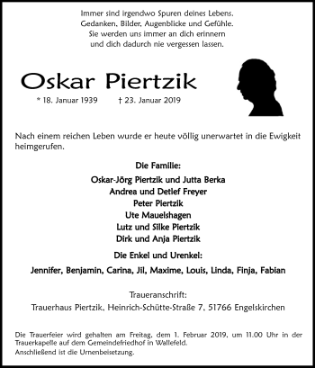 Anzeige von Oskar Piertzik von Kölner Stadt-Anzeiger / Kölnische Rundschau / Express