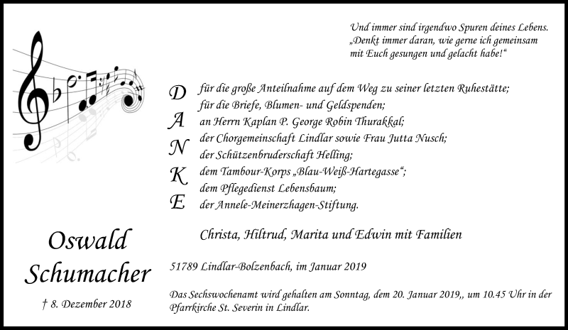 Traueranzeige für Oswald Schumacher vom 19.01.2019 aus Kölner Stadt-Anzeiger / Kölnische Rundschau / Express