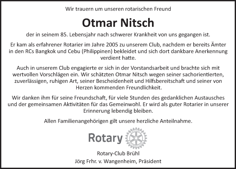  Traueranzeige für Otmar Nitsch vom 16.01.2019 aus  Schlossbote/Werbekurier 