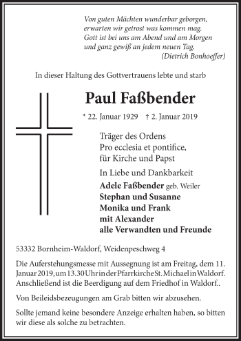 Anzeige von Paul Faßbender von  Schlossbote/Werbekurier 