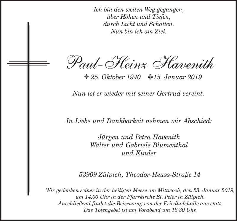  Traueranzeige für Paul-Heinz Havenith vom 19.01.2019 aus  Blickpunkt Euskirchen 