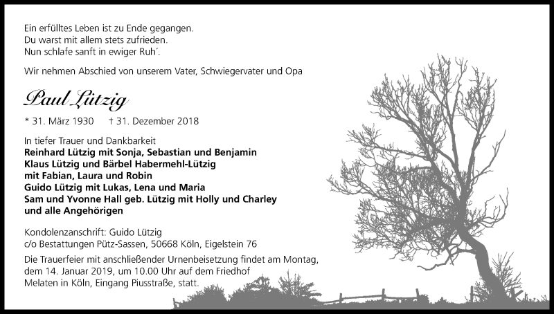  Traueranzeige für Paul Lützig vom 05.01.2019 aus Kölner Stadt-Anzeiger / Kölnische Rundschau / Express