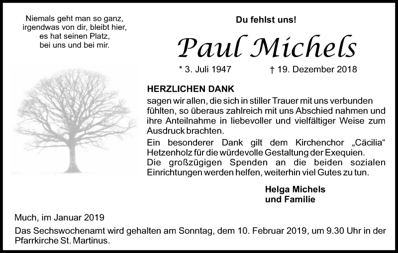 Traueranzeige für Paul Michels vom 26.01.2019 aus Kölner Stadt-Anzeiger / Kölnische Rundschau / Express