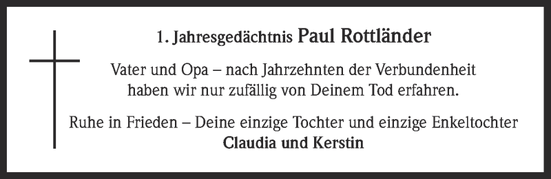  Traueranzeige für Paul Rottländer vom 09.01.2019 aus  Kölner Wochenspiegel 