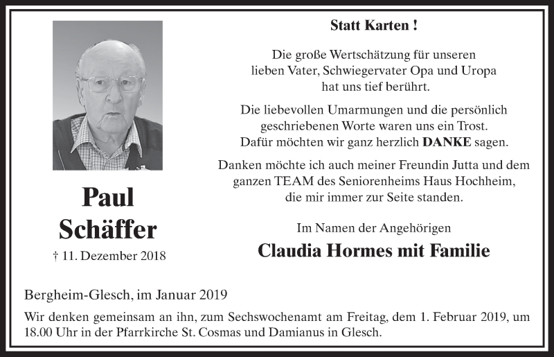  Traueranzeige für Paul Schäffer vom 26.01.2019 aus  Sonntags-Post 