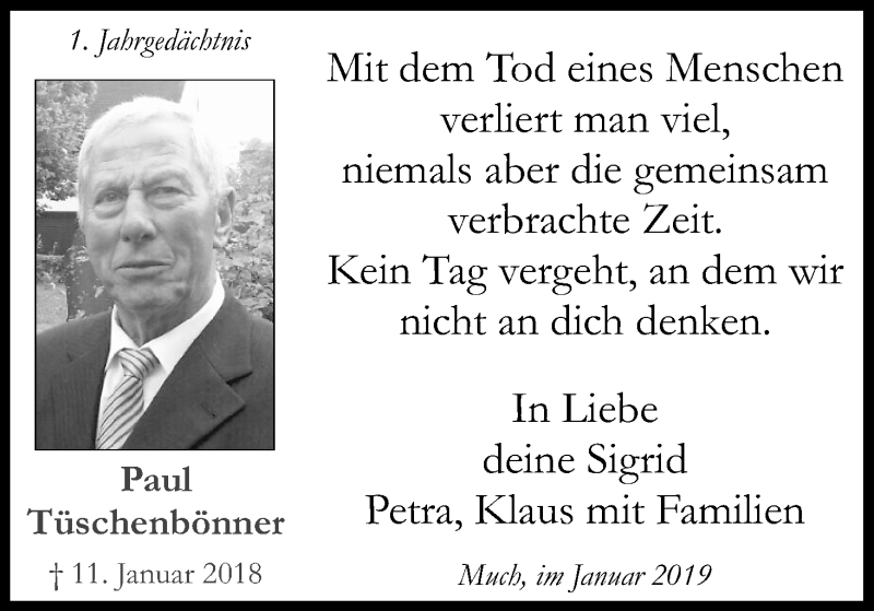  Traueranzeige für Paul Tüschenbönner vom 12.01.2019 aus Kölner Stadt-Anzeiger / Kölnische Rundschau / Express