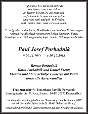 Anzeige von Paul Josef Porbadnik von  Sonntags-Post 