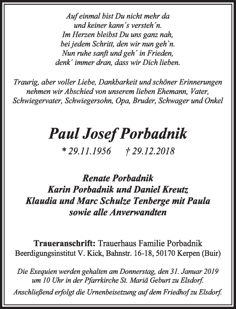  Traueranzeige für Paul Josef Porbadnik vom 26.01.2019 aus  Sonntags-Post 