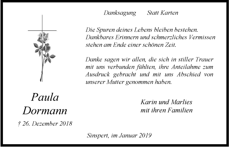  Traueranzeige für Paula Dormann vom 30.01.2019 aus  Anzeigen Echo 
