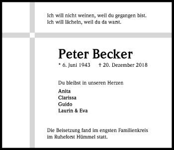 Anzeige von Peter Becker von Kölner Stadt-Anzeiger / Kölnische Rundschau / Express