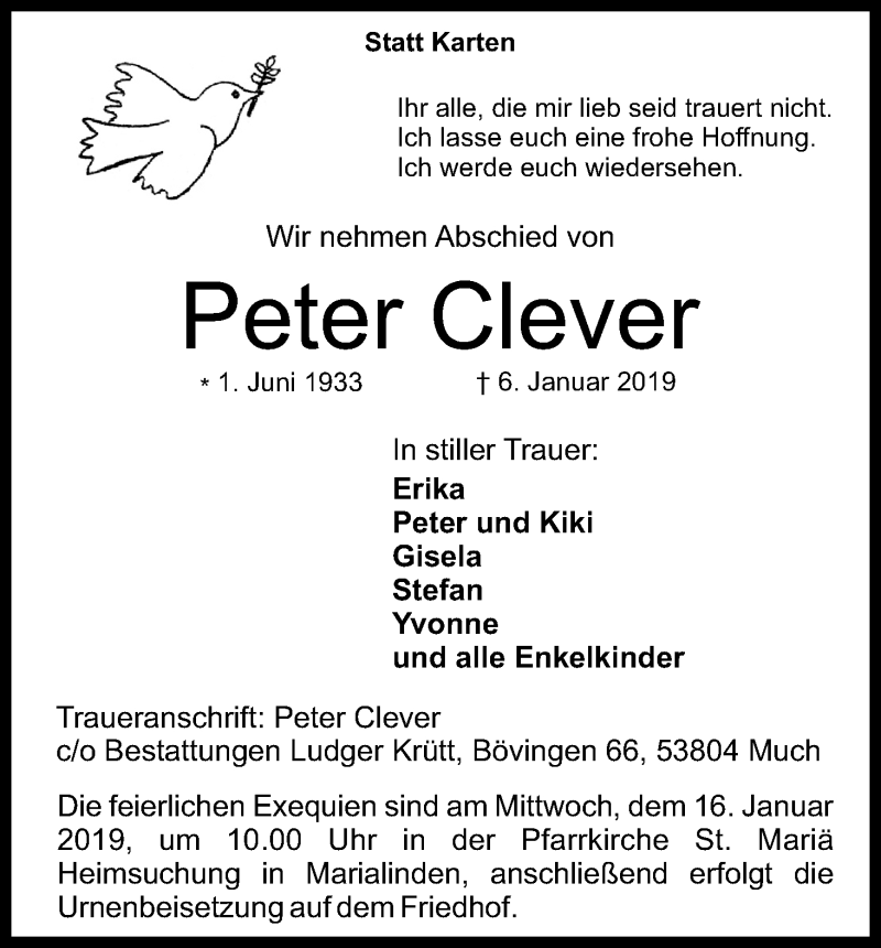  Traueranzeige für Peter Clever vom 12.01.2019 aus Kölner Stadt-Anzeiger / Kölnische Rundschau / Express