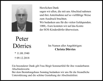 Anzeige von Peter Dörries von Kölner Stadt-Anzeiger / Kölnische Rundschau / Express