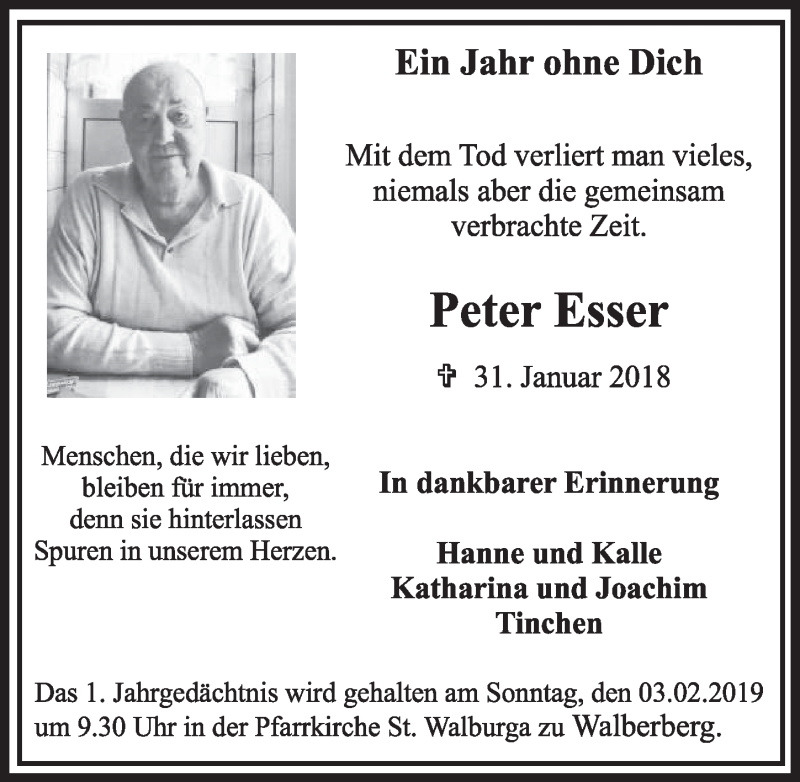  Traueranzeige für Peter Esser vom 30.01.2019 aus  Schlossbote/Werbekurier 