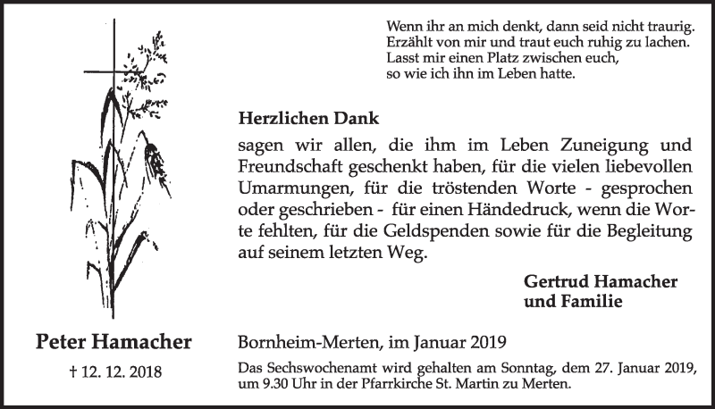  Traueranzeige für Peter Hamacher vom 16.01.2019 aus  Schlossbote/Werbekurier 