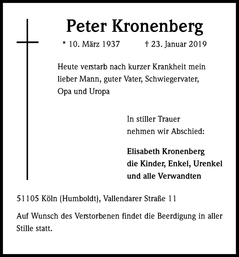  Traueranzeige für Peter Kronenberg vom 30.01.2019 aus Kölner Stadt-Anzeiger / Kölnische Rundschau / Express