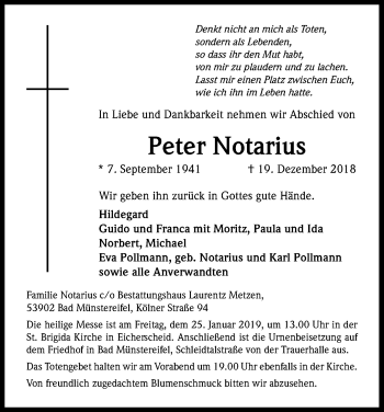 Anzeige von Peter Notarius von Kölner Stadt-Anzeiger / Kölnische Rundschau / Express