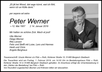 Anzeige von Peter Werner von Kölner Stadt-Anzeiger / Kölnische Rundschau / Express
