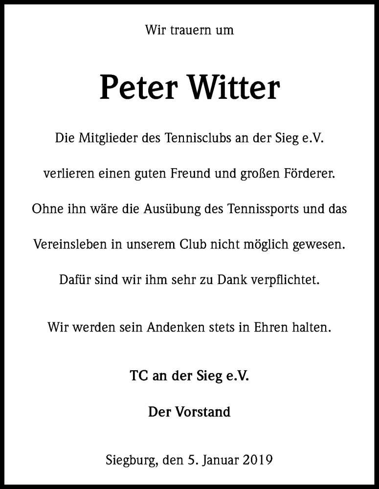  Traueranzeige für Peter Witter vom 05.01.2019 aus Kölner Stadt-Anzeiger / Kölnische Rundschau / Express