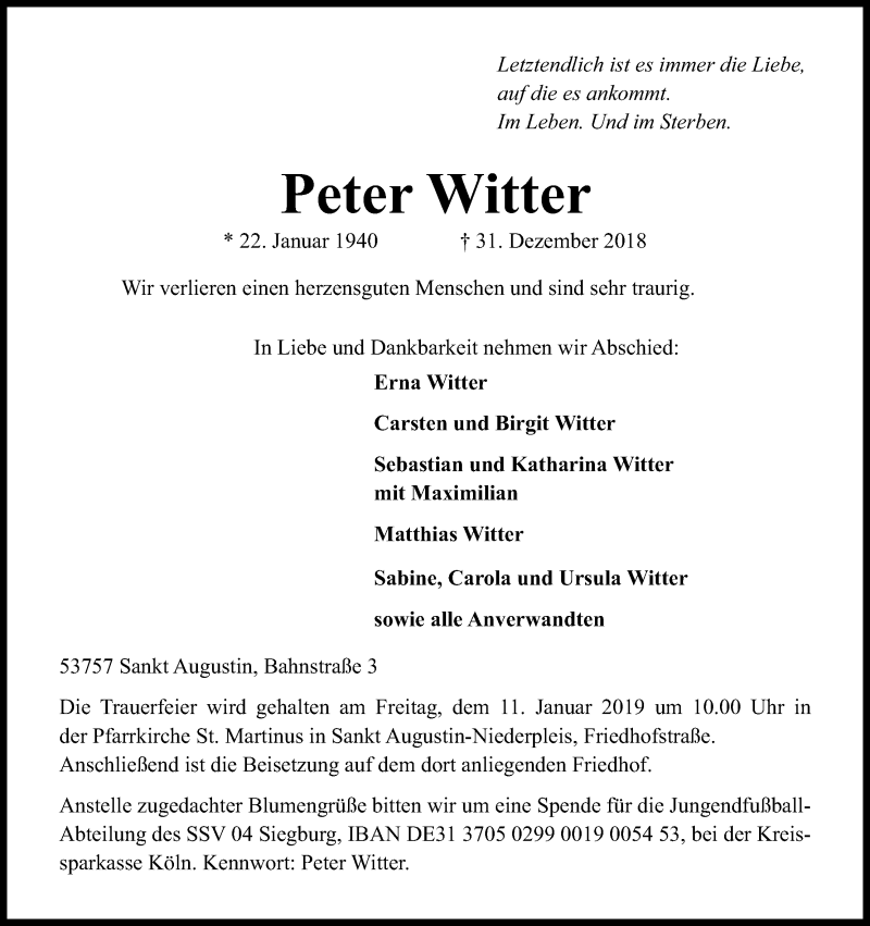  Traueranzeige für Peter Witter vom 05.01.2019 aus Kölner Stadt-Anzeiger / Kölnische Rundschau / Express