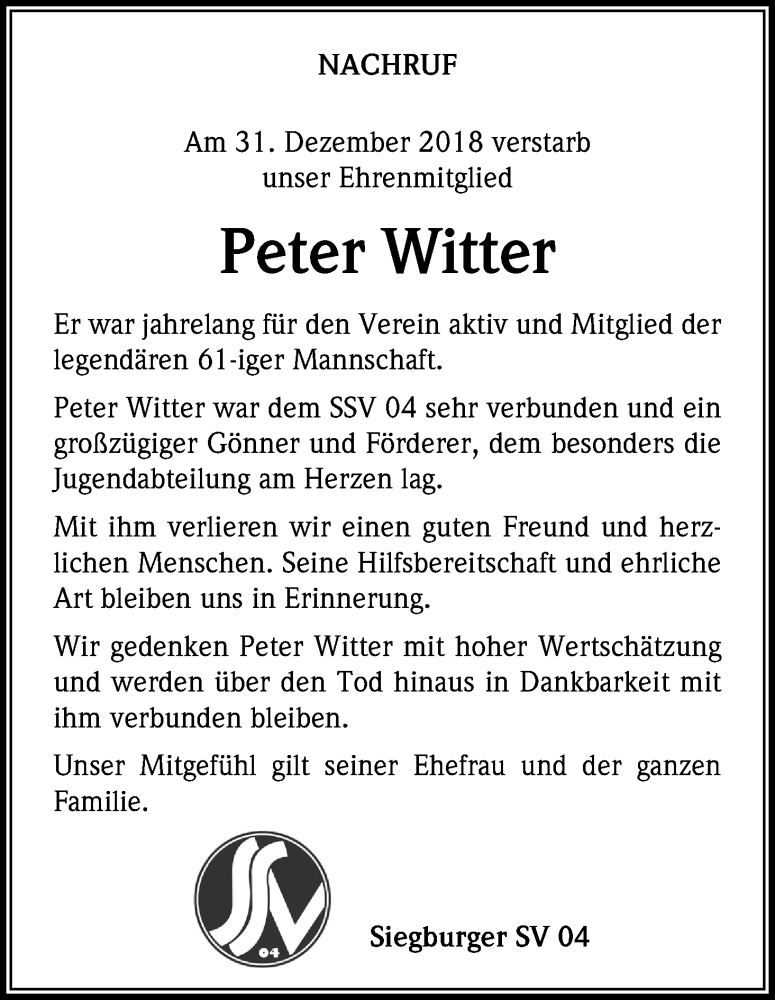  Traueranzeige für Peter Witter vom 12.01.2019 aus Kölner Stadt-Anzeiger / Kölnische Rundschau / Express