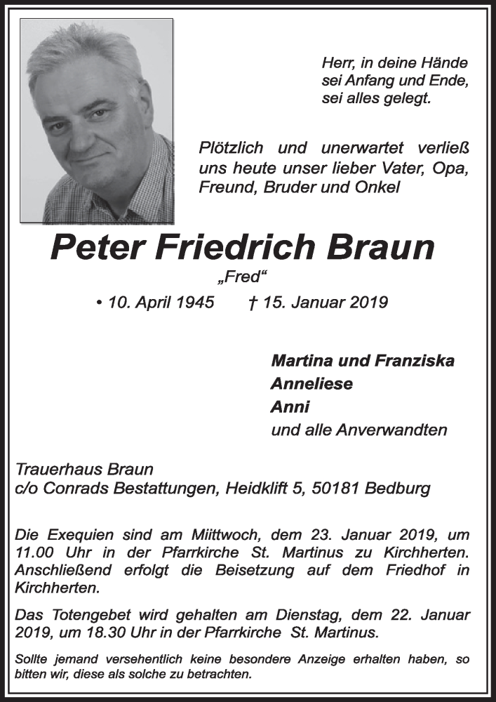  Traueranzeige für Peter Friedrich Braun vom 19.01.2019 aus  Sonntags-Post 