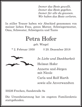 Anzeige von Petra Hofer von  Sonntags-Post 