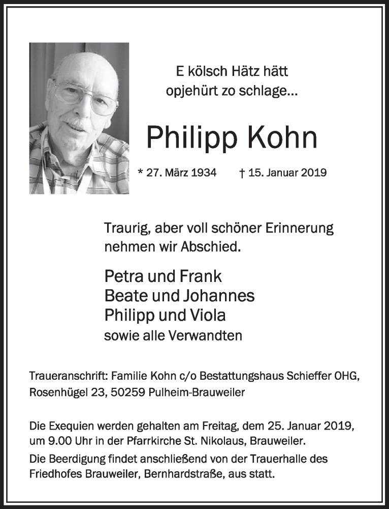  Traueranzeige für Philipp Kohn vom 19.01.2019 aus  Sonntags-Post 
