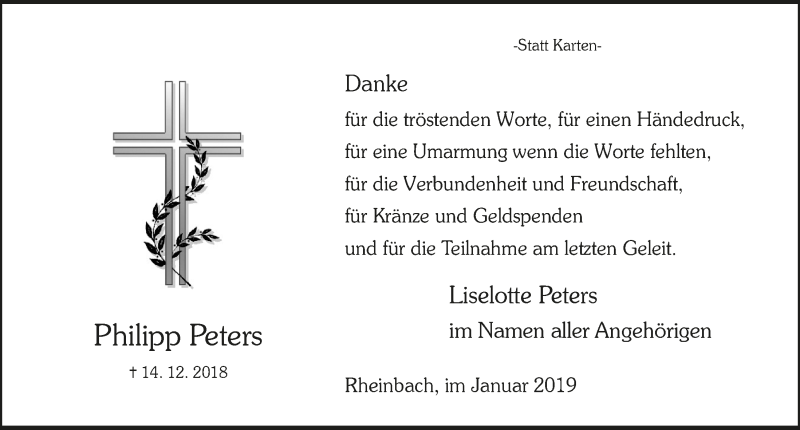  Traueranzeige für Philipp Peters vom 16.01.2019 aus  Schaufenster/Blickpunkt 