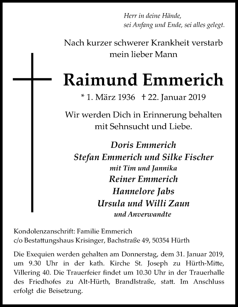  Traueranzeige für Raimund Emmerich vom 26.01.2019 aus Kölner Stadt-Anzeiger / Kölnische Rundschau / Express