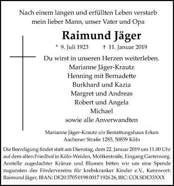 Anzeige von Raimund Jäger von Kölner Stadt-Anzeiger / Kölnische Rundschau / Express