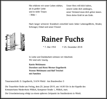 Anzeige von Rainer Fuchs von Kölner Stadt-Anzeiger / Kölnische Rundschau / Express