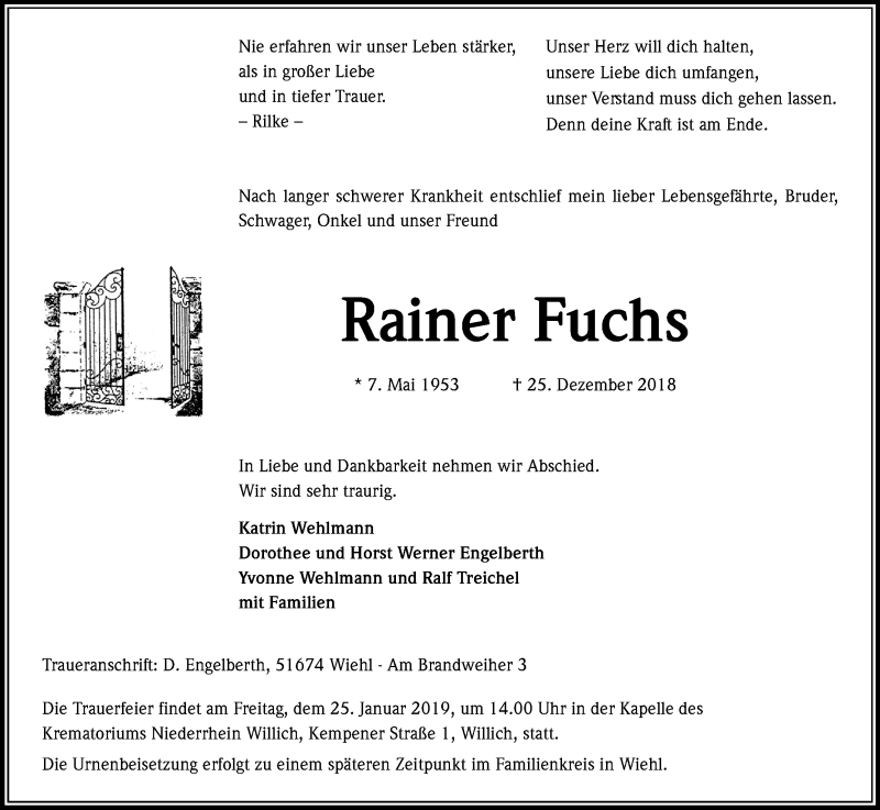  Traueranzeige für Rainer Fuchs vom 12.01.2019 aus Kölner Stadt-Anzeiger / Kölnische Rundschau / Express