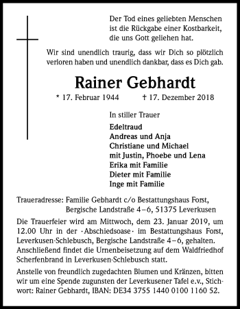 Anzeige von Rainer Gebhardt von Kölner Stadt-Anzeiger / Kölnische Rundschau / Express