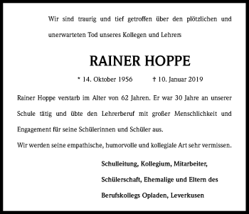 Anzeige von Rainer Hoppe von Kölner Stadt-Anzeiger / Kölnische Rundschau / Express