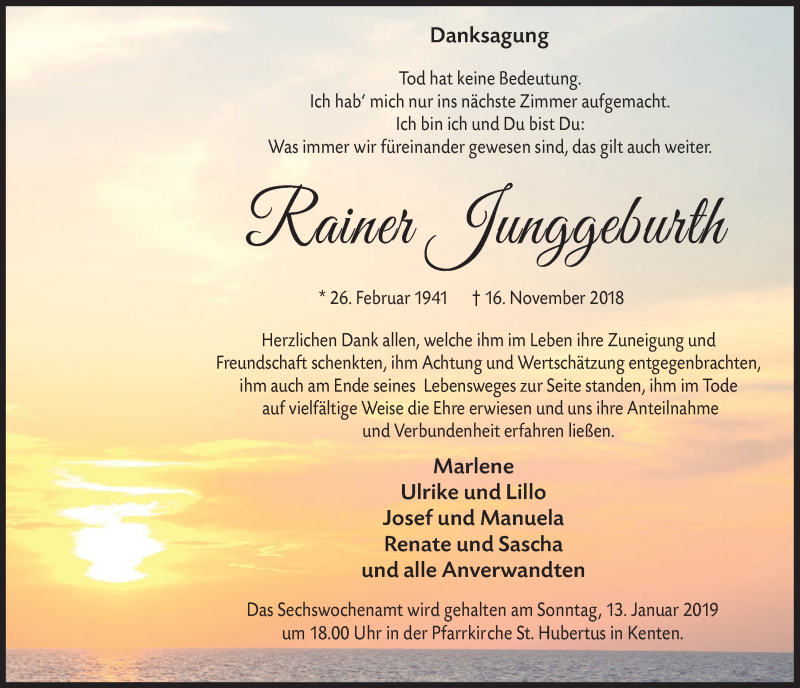  Traueranzeige für Rainer Junggeburth vom 05.01.2019 aus  Sonntags-Post 