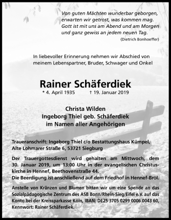 Anzeige von Rainer Schäferdiek von Kölner Stadt-Anzeiger / Kölnische Rundschau / Express