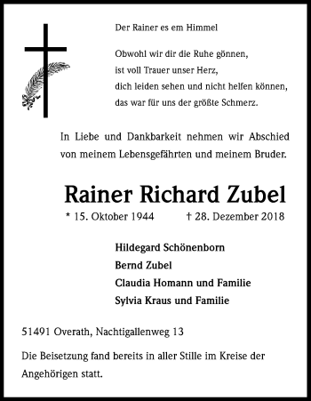 Anzeige von Rainer Richard Zubel von Kölner Stadt-Anzeiger / Kölnische Rundschau / Express