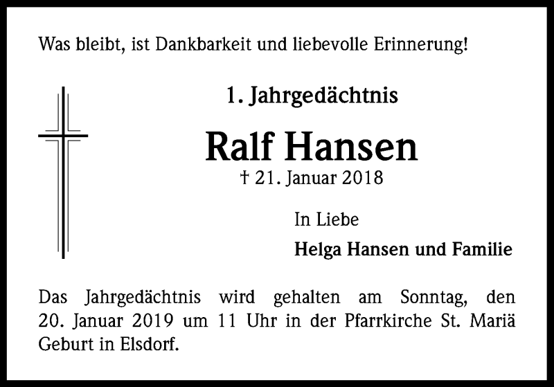 Traueranzeige für Ralf Hansen vom 12.01.2019 aus Kölner Stadt-Anzeiger / Kölnische Rundschau / Express