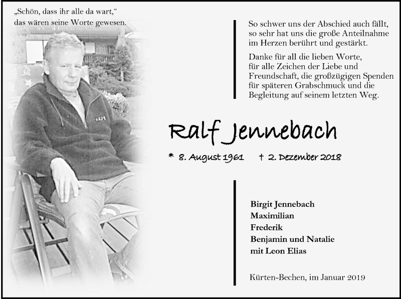  Traueranzeige für Ralf Jennebach vom 12.01.2019 aus Kölner Stadt-Anzeiger / Kölnische Rundschau / Express