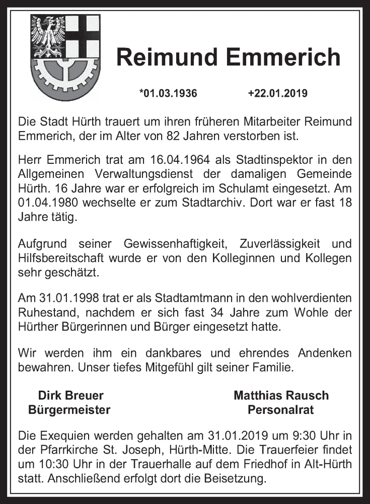  Traueranzeige für Reimund Emmerich vom 30.01.2019 aus  Wochenende 