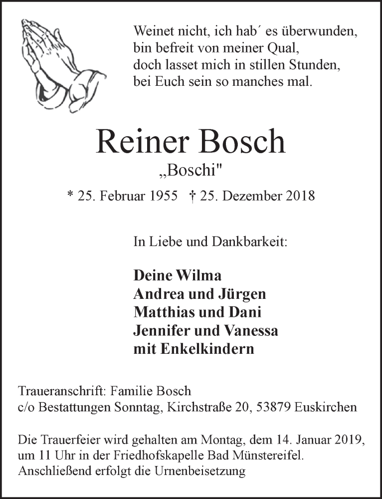  Traueranzeige für Reiner Bosch vom 12.01.2019 aus  Blickpunkt Euskirchen 