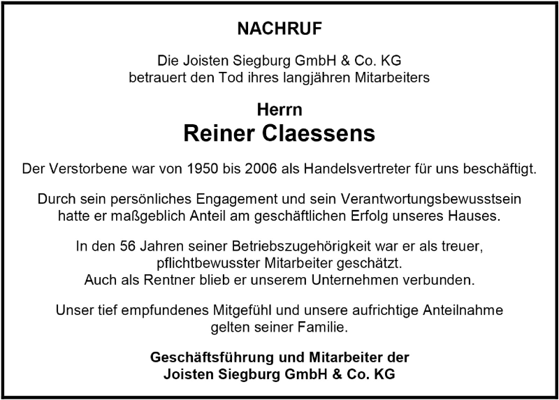  Traueranzeige für Reiner Claessens vom 05.01.2019 aus  Rhein-Sieg-Wochenende 