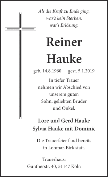 Anzeige von Reiner Hauke von  Kölner Wochenspiegel 