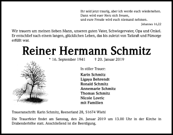 Anzeige von Reiner Hermann Schmitz von Kölner Stadt-Anzeiger / Kölnische Rundschau / Express