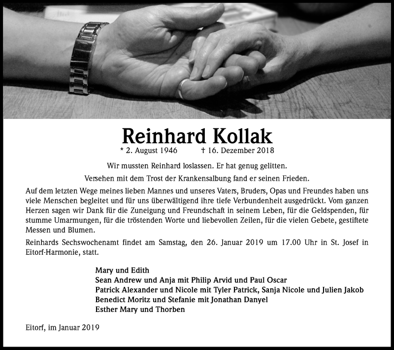  Traueranzeige für Reinhard Kollak vom 19.01.2019 aus Kölner Stadt-Anzeiger / Kölnische Rundschau / Express