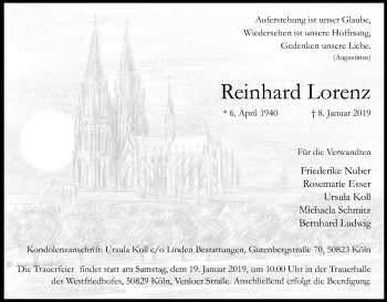Anzeige von Reinhard Lorenz von Kölner Stadt-Anzeiger / Kölnische Rundschau / Express