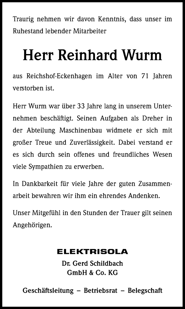  Traueranzeige für Reinhard Wurm vom 05.01.2019 aus Kölner Stadt-Anzeiger / Kölnische Rundschau / Express