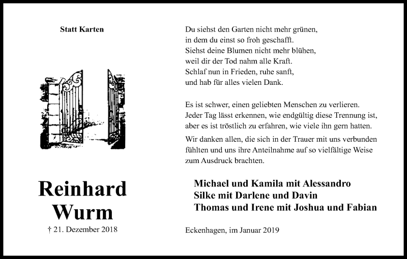  Traueranzeige für Reinhard Wurm vom 19.01.2019 aus Kölner Stadt-Anzeiger / Kölnische Rundschau / Express