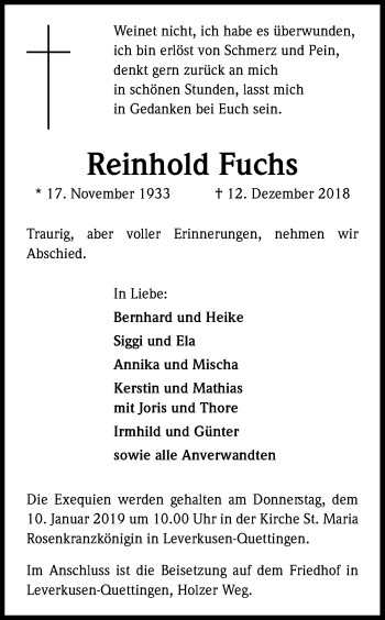 Anzeige von Reinhold Fuchs von Kölner Stadt-Anzeiger / Kölnische Rundschau / Express